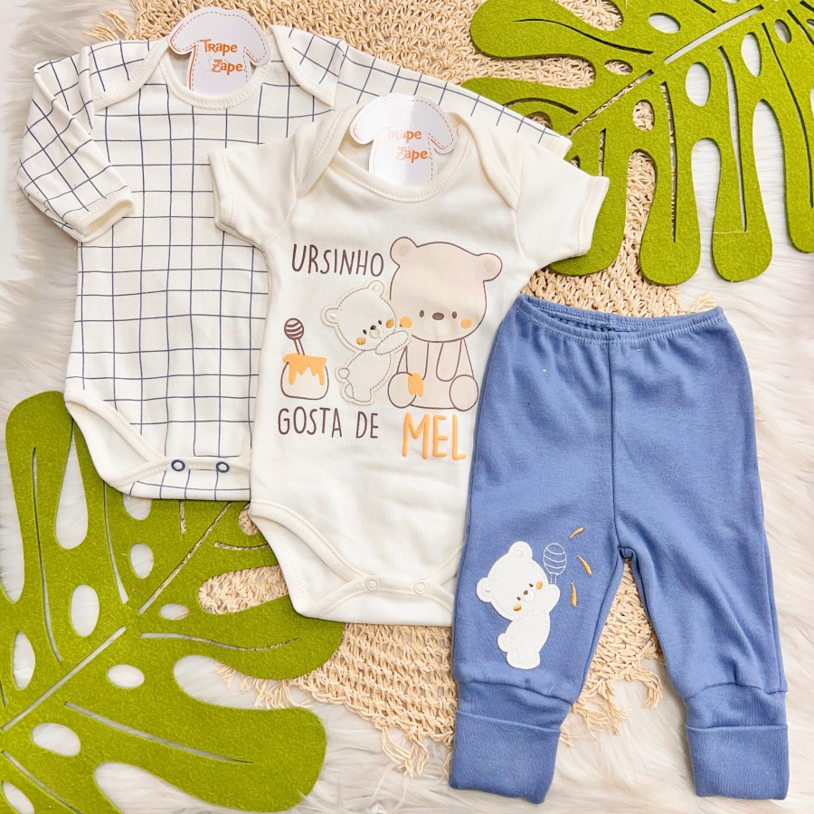 CONJ. DE MALHA 3 PEÇAS - Ursinho Gosta de Mel - Off White e Azul Jeans